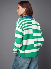 Green and White Stripe Button Down Knitted Polo Jumper - Image 3 of 6