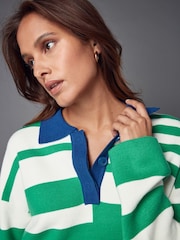 Green and White Stripe Button Down Knitted Polo Jumper - Image 4 of 6