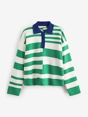 Green and White Stripe Button Down Knitted Polo Jumper - Image 5 of 6