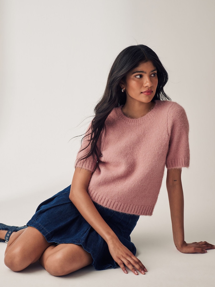 Blush Pink Short Sleeve Crew Neck Jumper With Wool - Image 1 of 6 Blush Pink Short Sleeve Crew Neck Jumper With Wool - Image 1 of 6