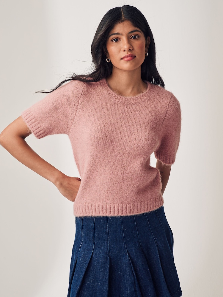 Blush Pink Short Sleeve Crew Neck Jumper With Wool - Image 2 of 6 Blush Pink Short Sleeve Crew Neck Jumper With Wool - Image 2 of 6
