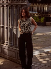 Neutral Leopard Animal Sleeveless Crew Neck Knitted Jumper Tank Vest Top with Wool - Image 2 of 6