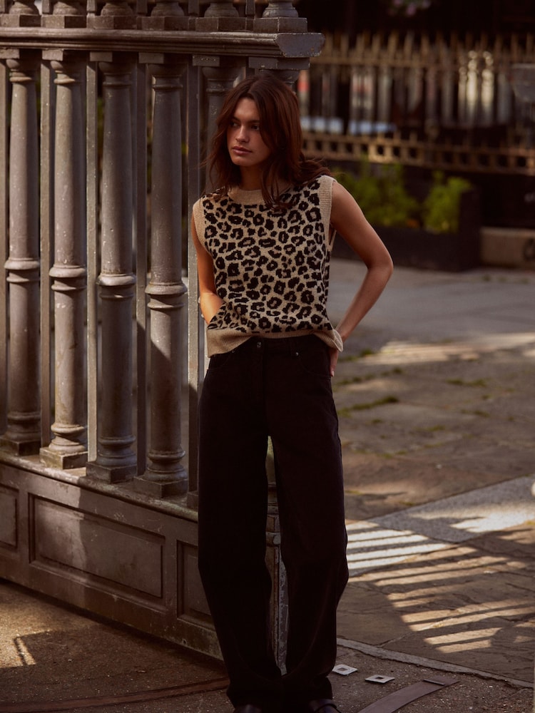 Neutral Leopard Animal Sleeveless Crew Neck Knitted Jumper Tank Vest Top with Wool - Image 2 of 6