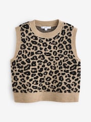 Neutral Leopard Animal Sleeveless Crew Neck Knitted Jumper Tank Vest Top with Wool - Image 5 of 6