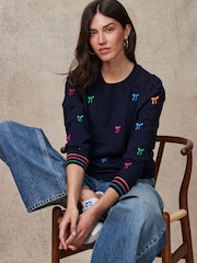 Marineblau mit Regenbogenschleifen - Langärmliger bestickter Pullover mit Rundhalsausschnitt - Bild 1 von 6