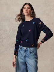 Marineblau mit Regenbogenschleifen - Langärmliger bestickter Pullover mit Rundhalsausschnitt - Bild 2 von 6