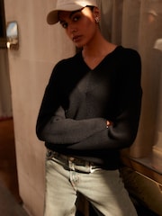 Black Relaxed Fit Ribbed V-Neck Knitted Jumper - Image 1 of 6