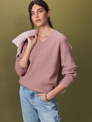 Blush Pink Relaxed Fit Ribbed V-Neck Knitted Jumper - Image 1 of 7