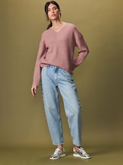 Blush Pink Relaxed Fit Ribbed V-Neck Knitted Jumper - Image 2 of 7
