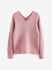 Blush Pink Relaxed Fit Ribbed V-Neck Knitted Jumper - Image 6 of 7