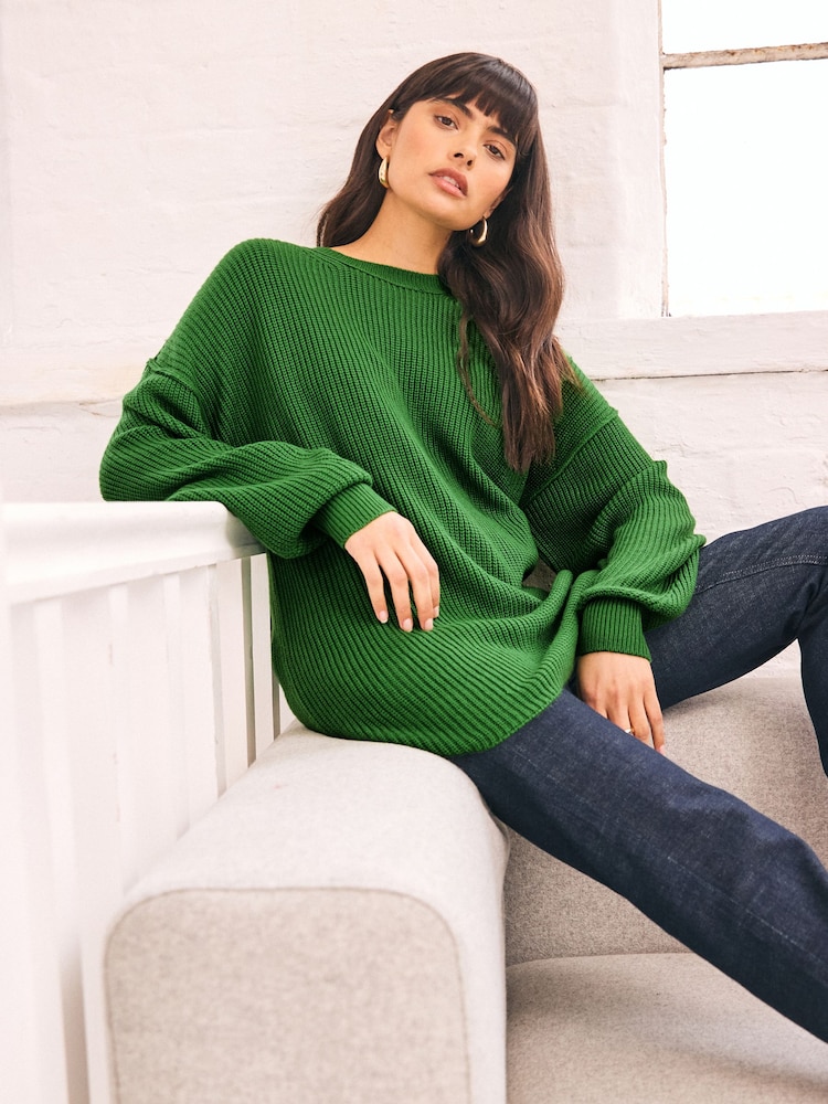 Bright Green Cosy Crew Neck Longline Tunic Knitted Jumper - Image 1 of 6