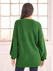 Bright Green Cosy Crew Neck Longline Tunic Knitted Jumper - Image 2 of 6