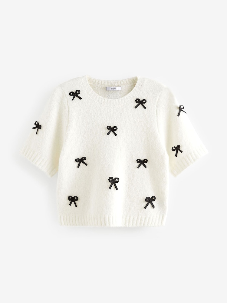 Kaufen Sie Weiß mit Schwarz Schleife Kurzarm Pullover mit