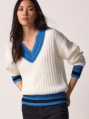 Ecru White with Bright Blue Contrast Tipped V-Neck Pullover Ribbed Knitted Jumper - Image 1 of 6