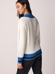 Ecru White with Bright Blue Contrast Tipped V-Neck Pullover Ribbed Knitted Jumper - Image 3 of 6