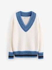Ecru White with Bright Blue Contrast Tipped V-Neck Pullover Ribbed Knitted Jumper - Image 5 of 6
