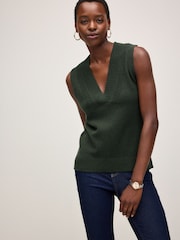 Khaki Green Premium 100% Lambswool Sleeveless V-Neck Knitted Vest Tank Top - Image 4 of 7