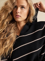 Black Stripe 100% Lambswool Knitted Hoodie Jumper - Image 7 of 8