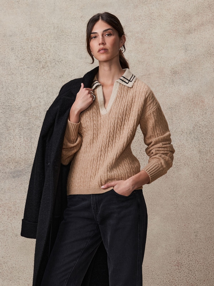 Camel Brown Polo V-Neck Collared Cable Knit Jumper - Image 1 of 8
