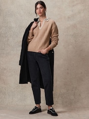 Camel Brown Polo V-Neck Collared Cable Knit Jumper - Image 2 of 8