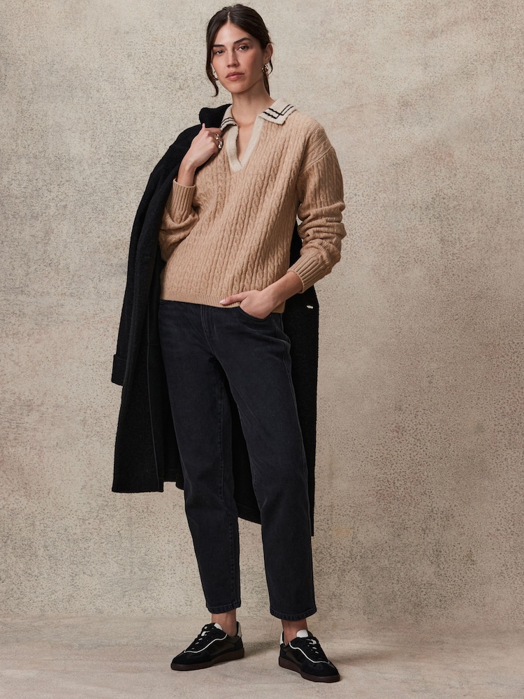 Camel Brown Polo V-Neck Collared Cable Knit Jumper - Image 2 of 8