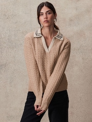Camel Brown Polo V-Neck Collared Cable Knit Jumper - Image 3 of 8