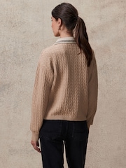 Camel Brown Polo V-Neck Collared Cable Knit Jumper - Image 4 of 8
