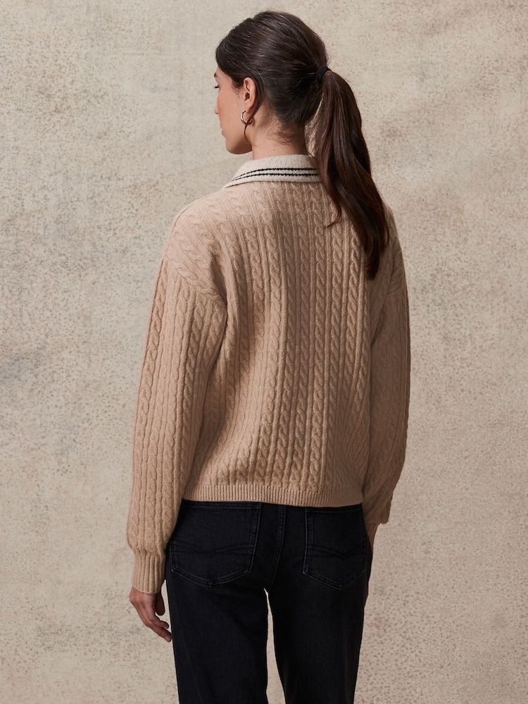 Camel Brown Polo V-Neck Collared Cable Knit Jumper - Image 4 of 8