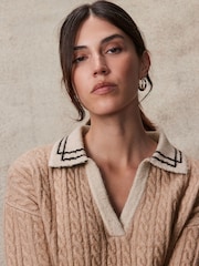 Camel Brown Polo V-Neck Collared Cable Knit Jumper - Image 5 of 8