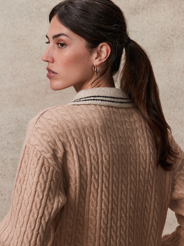 Camel Brown Polo V-Neck Collared Cable Knit Jumper - Image 6 of 8