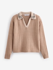 Camel Brown Polo V-Neck Collared Cable Knit Jumper - Image 7 of 8
