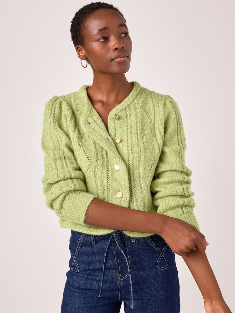 Green Gold Button Stitch Crew Cardigan - Image 1 of 8