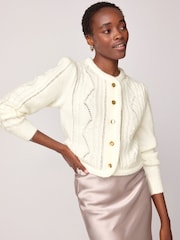 Ecru White Gold Button Stitch Crew Cardigan - Image 1 of 7