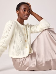 Ecru White Gold Button Stitch Crew Cardigan - Image 2 of 7