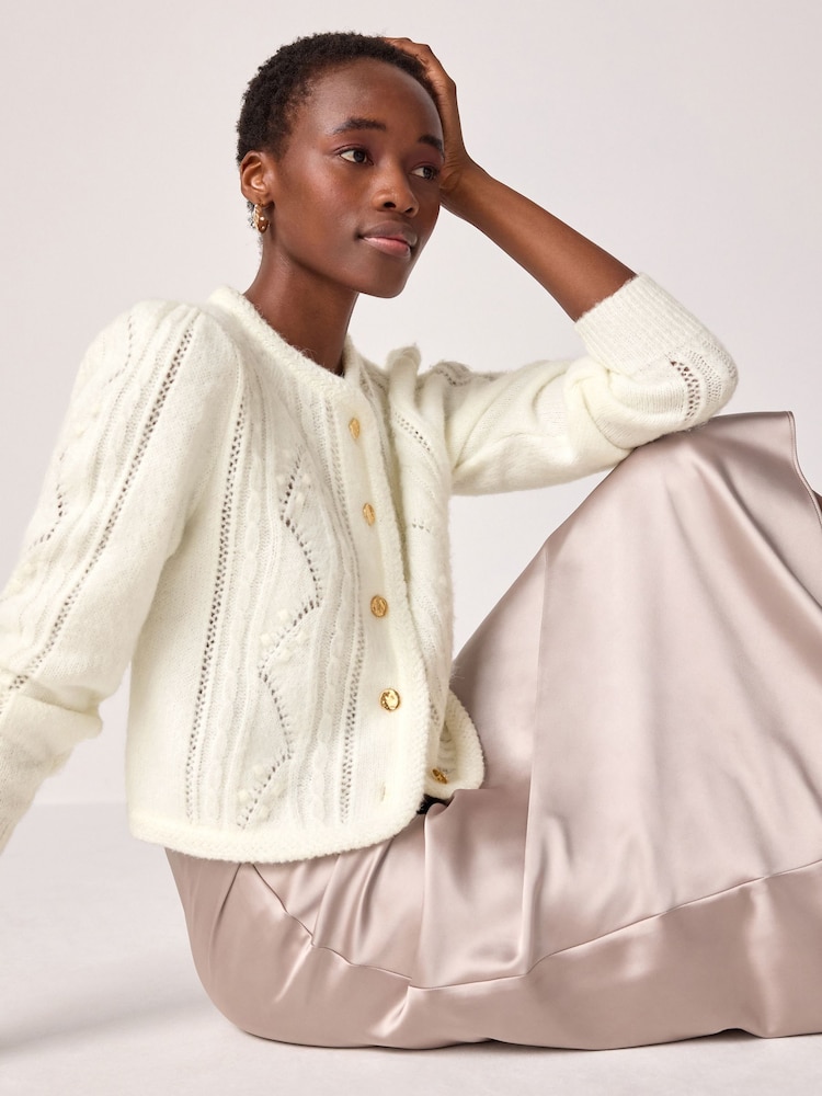 Ecru White Gold Button Stitch Crew Cardigan - Image 2 of 7