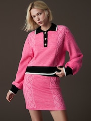 Bright Pink Contrast Fitted Short Cable Knitted Mini Skirt - Image 1 of 7