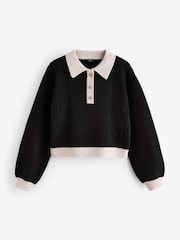 Black Gem Button Contrast Polo Collar Knitted Jumper - Image 1 of 2