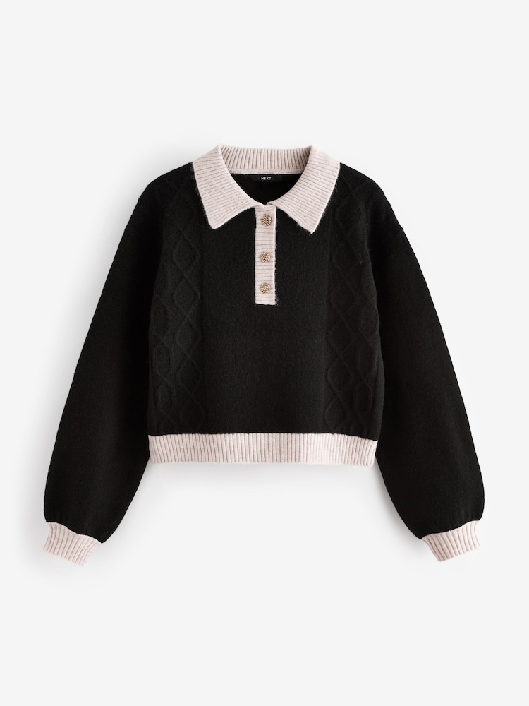 Black Gem Button Contrast Polo Collar Knitted Jumper - Image 1 of 2