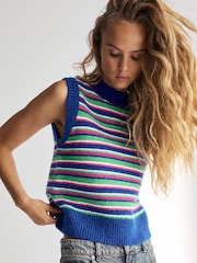 Multi Stripe Sleeveless Crew Neck Knitted Jumper Tank Vest Top with Wool - Image 1 of 7