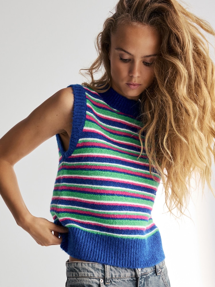 Multi Stripe Sleeveless Crew Neck Knitted Jumper Tank Vest Top with Wool - Image 1 of 7