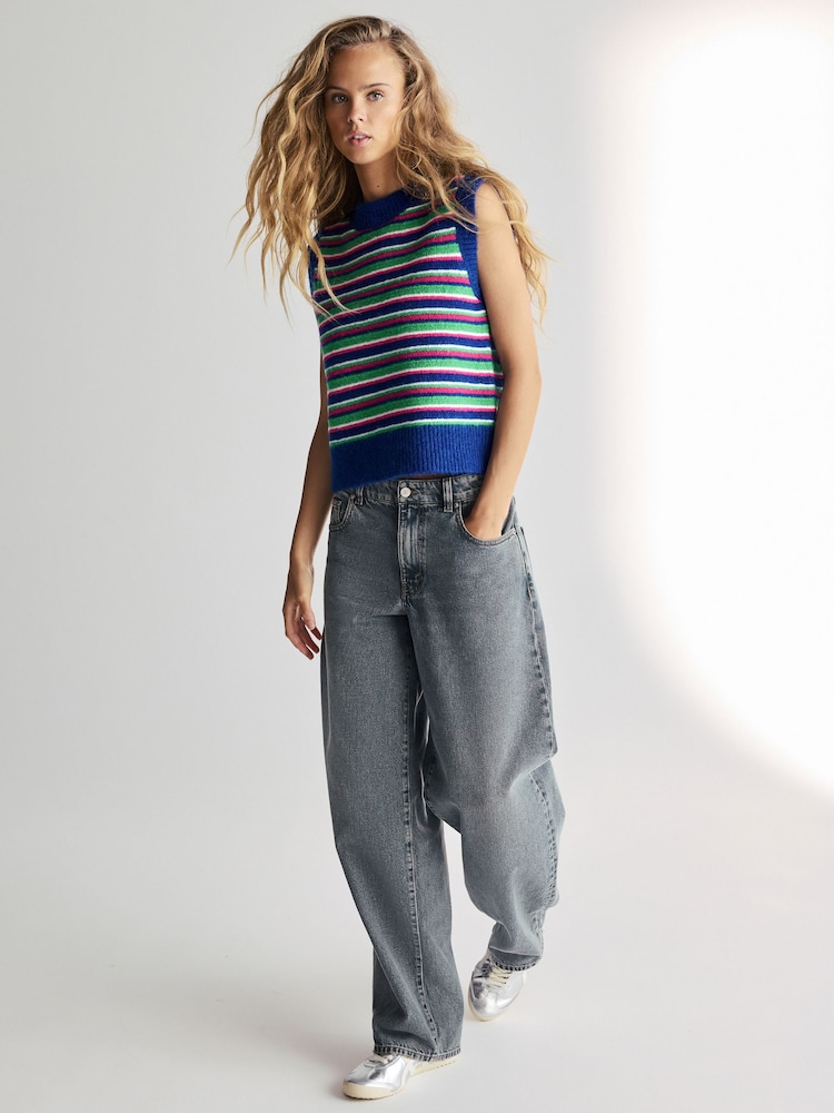 Multi Stripe Sleeveless Crew Neck Knitted Jumper Tank Vest Top with Wool - Image 2 of 7