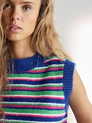 Multi Stripe Sleeveless Crew Neck Knitted Jumper Tank Vest Top with Wool - Image 5 of 7