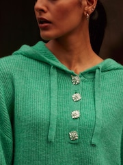 Bright Green Sparkle Gem Button Knitted Hoodie - Image 4 of 6