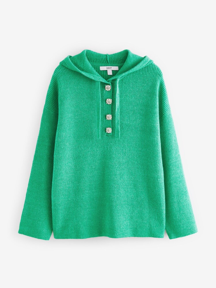 Vert vif - Sweat-shirt à capuche en maille avec boutons Sparkle Gem - Image 5 of 6