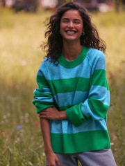 أخضر/أزرق مقلم - كنزة من الصوف بياقة بحافة مستديرة وتفاصيل حواف - Image 3 of 6