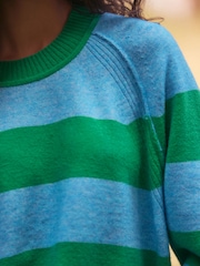 أخضر/أزرق مقلم - كنزة من الصوف بياقة بحافة مستديرة وتفاصيل حواف - Image 5 of 6