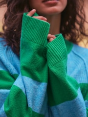 أخضر/أزرق مقلم - كنزة من الصوف بياقة بحافة مستديرة وتفاصيل حواف - Image 6 of 6