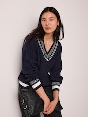 Navy Blue Contrast Tipped V-Neck Pullover Ribbed Knitted Jumper - Image 1 of 6