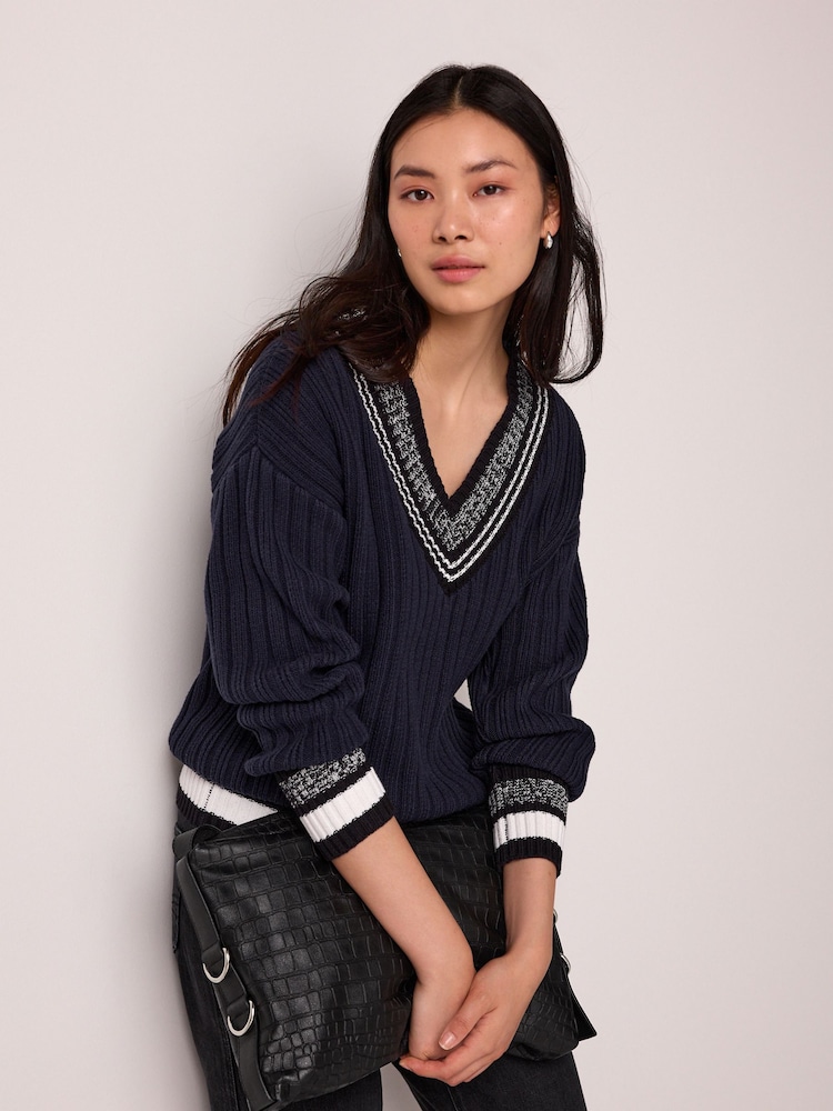 Navy Blue Contrast Tipped V-Neck Pullover Ribbed Knitted Jumper - Image 1 of 6