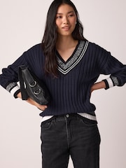 Navy Blue Contrast Tipped V-Neck Pullover Ribbed Knitted Jumper - Image 2 of 6